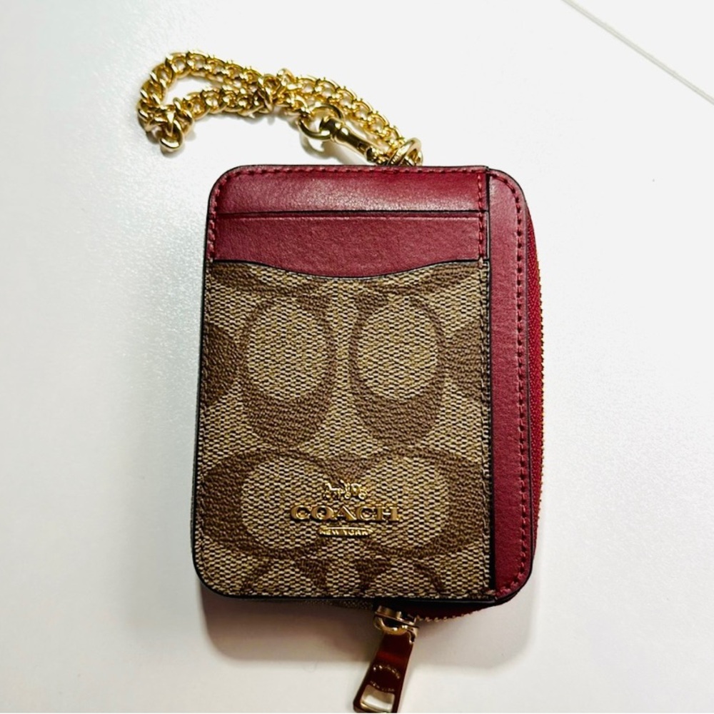 COACH Zip ID Card Case With Gold Chain Strap Red/Tan Color Leather Mini Wallet - Picture 2 of 4